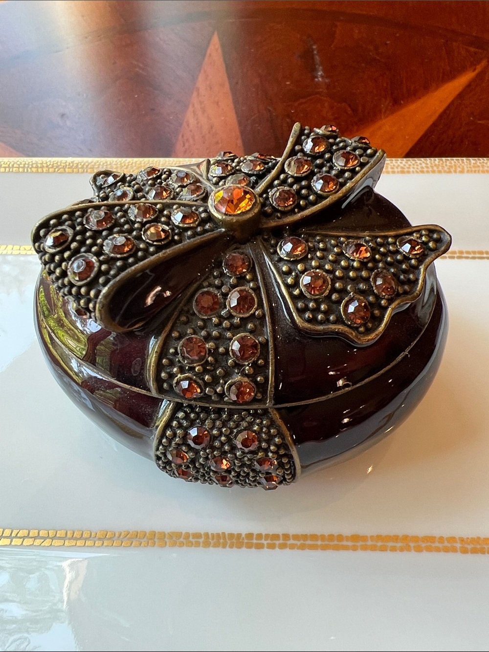 Embellished Bow Trinket Box in Deep Brown and Amber